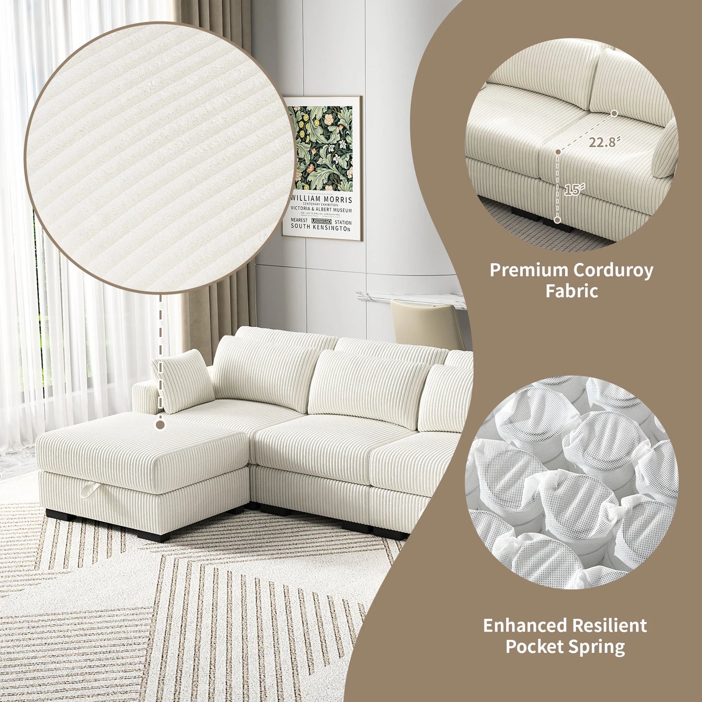 Anajqaqia Modular Sofa Sofa with Cushions, Corner Sofa with Wide Armrests, U-shaped Cord Fabric Sofa