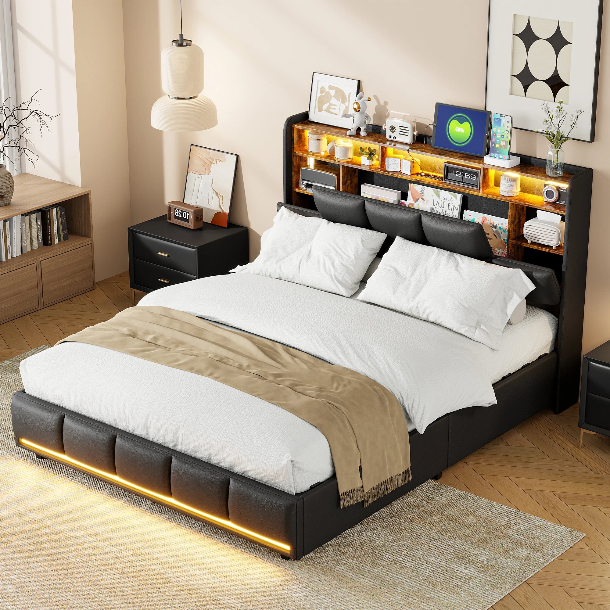 Wooden Aura Double bed, upholstery bed 140x200 cm, 160x200 cm, LED bed frame, bed frame and slatted frame, headboard, youth bed