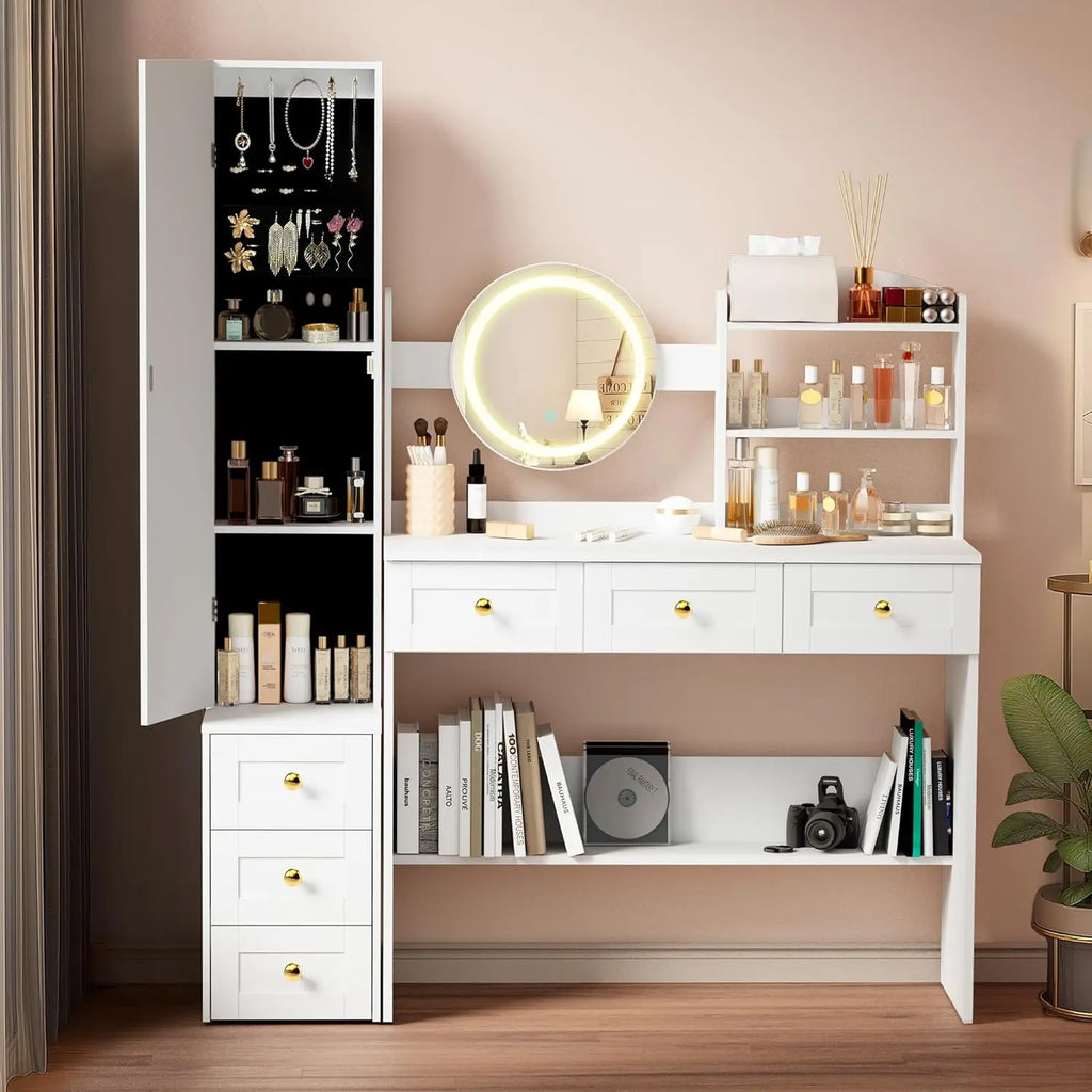 Full-Length Vanity Desk with Mirror and Lights, Golden Handles Makeup Vanity with 6 Drawers and 7 Compartments, 3 Lighting Modes