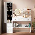 Full-Length Vanity Desk with Mirror and Lights, Golden Handles Makeup Vanity with 6 Drawers and 7 Compartments, 3 Lighting Modes