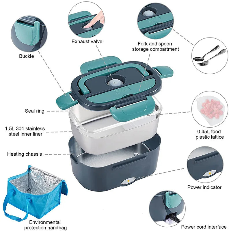 60W 2-in-1 Electric Lunch Box & Stainless Steel Food Container, 12V/24V/110V/220V Multi-Voltage Portable Heater for Car/Home