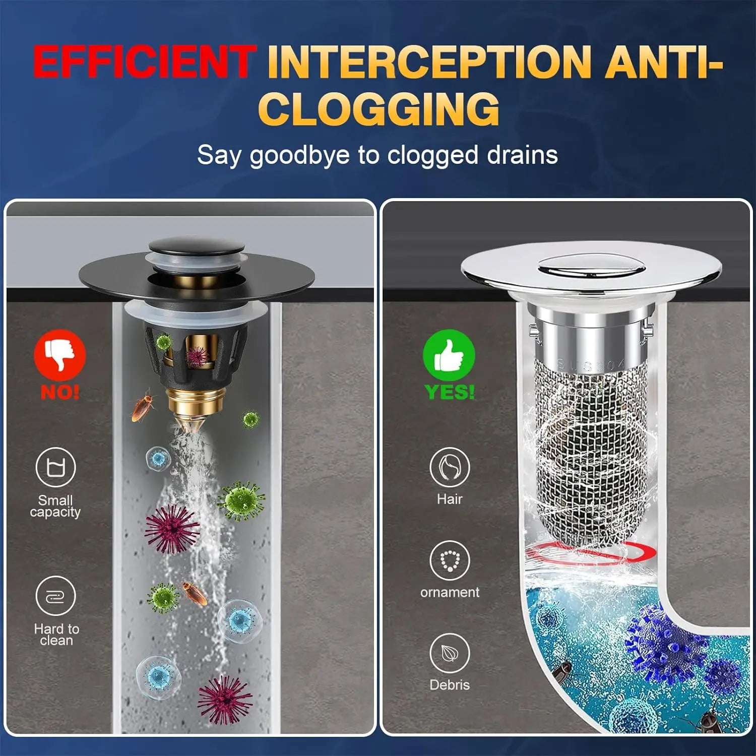Pop-Up Bathroom Sink Drain Strainer | Removable Hair Catcher & Stopper
