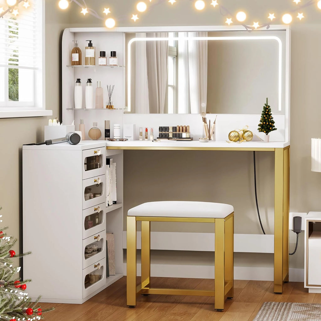 Large dressing table with adjustable LED lighting, dressing table with mirror, 5 drawers, 4 open shelves for bedroom