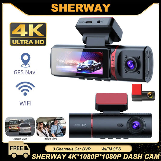 3 Channel Car DVR UHD 4K 3-Lens Inside Vehicle Dash Cam Three Way Came