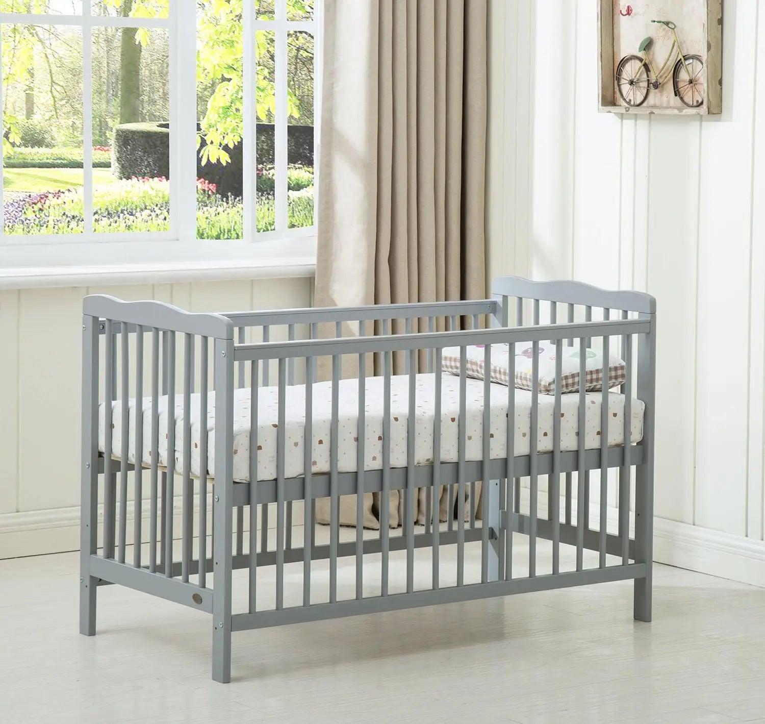 mcc direct Brooklyn Baby Cot Crib With Water repellent Mattress and Safety Wooden Barrier (125 x 66 cm)