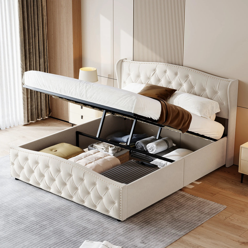 160x200cm Upholstered Double Bed, Hydraulic Bed with Backrest Headboard and Slatted Frame, with Storage Space, Velvet, Beige