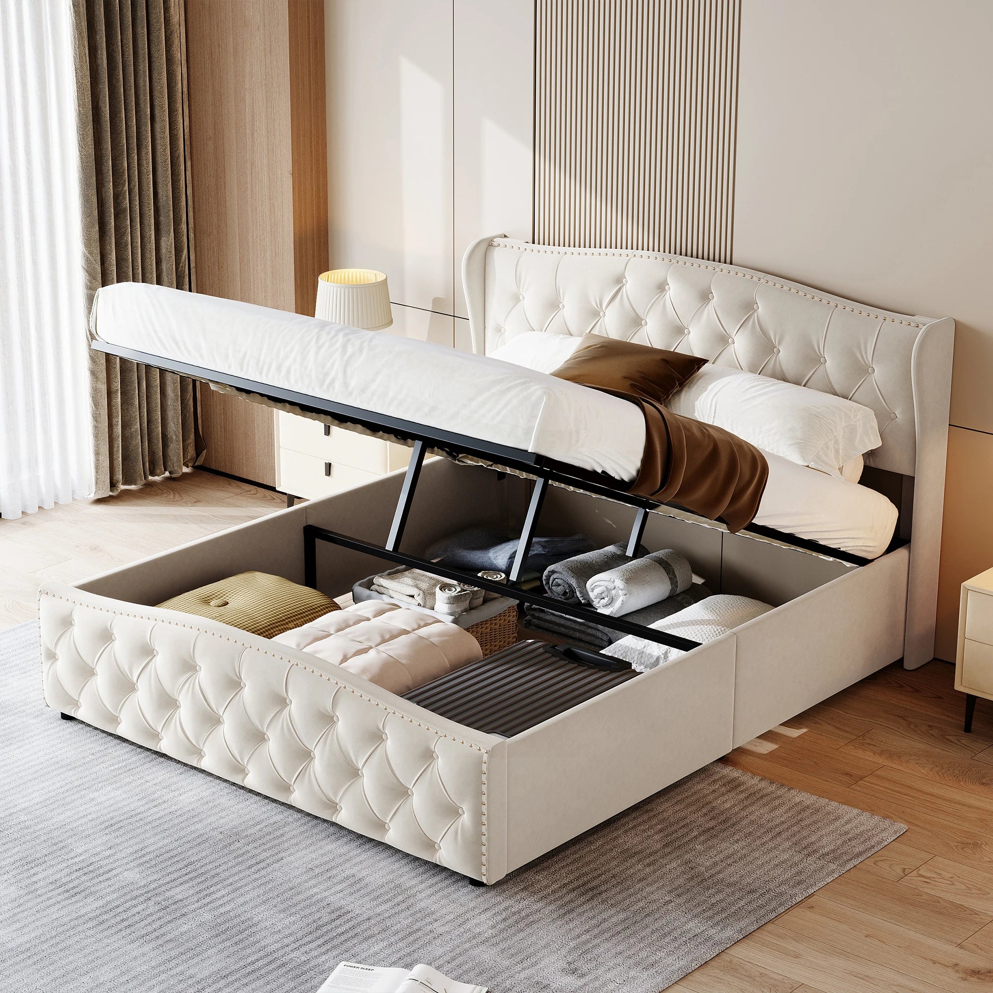 160x200cm Upholstered Double Bed, Hydraulic Bed with Backrest Headboard and Slatted Frame, with Storage Space, Velvet, Beige