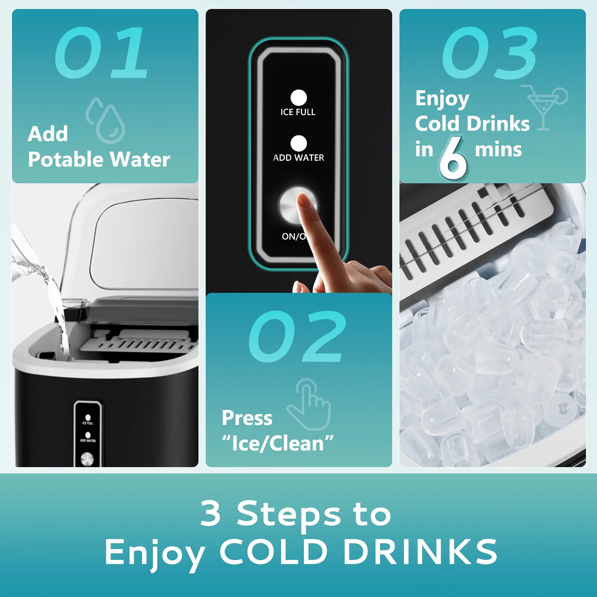 ICYGLEE Portable Ice Machine 9 Cubes in 6 Mins Ice Maker Machine 26.5lbs/Day Auto-Cleaning Countertop for Home Kitchen Camping