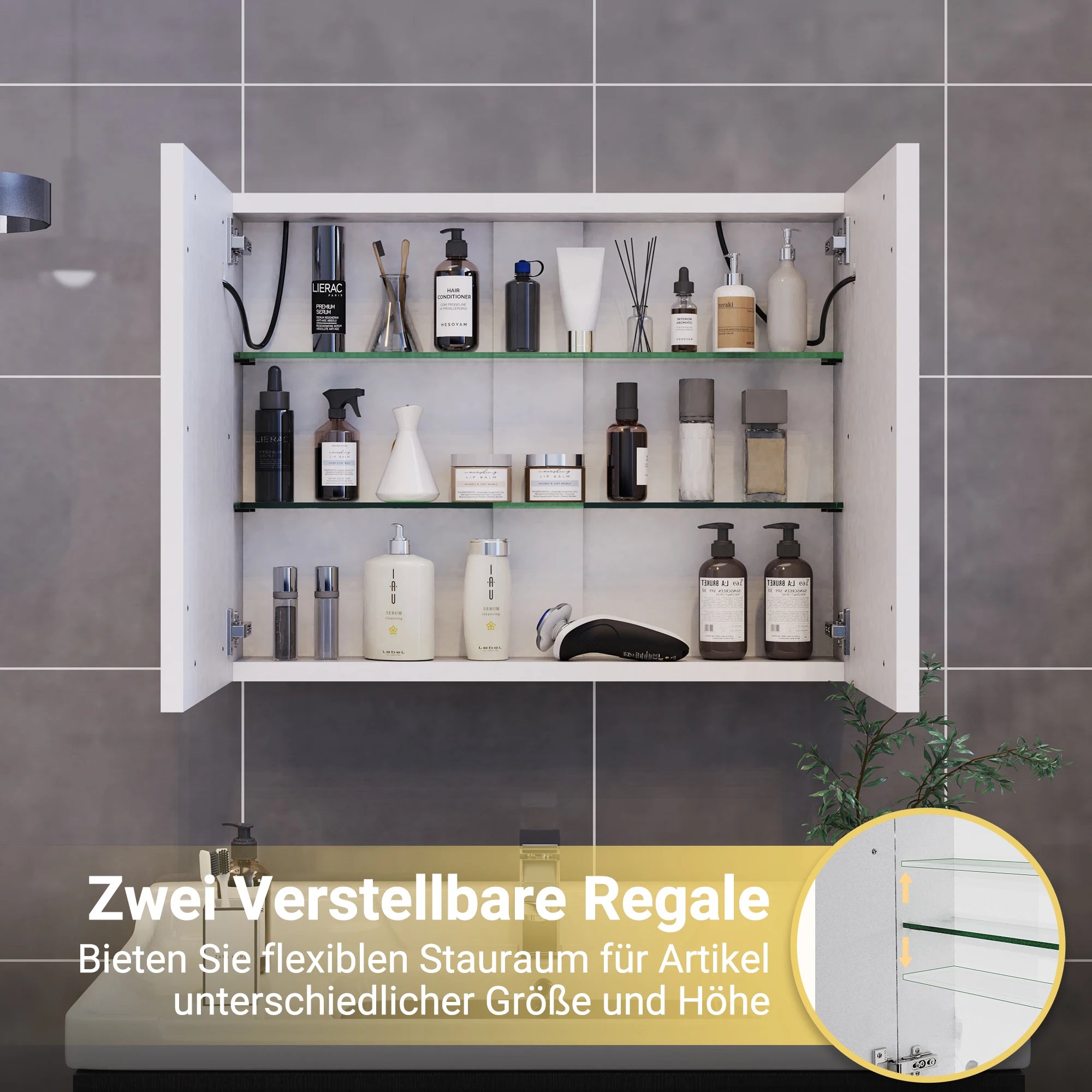 Rosahqnda anti-fog bathroom mirror cabinet with LED lighting, height adjustable shelves, 3 color temperature dimmable