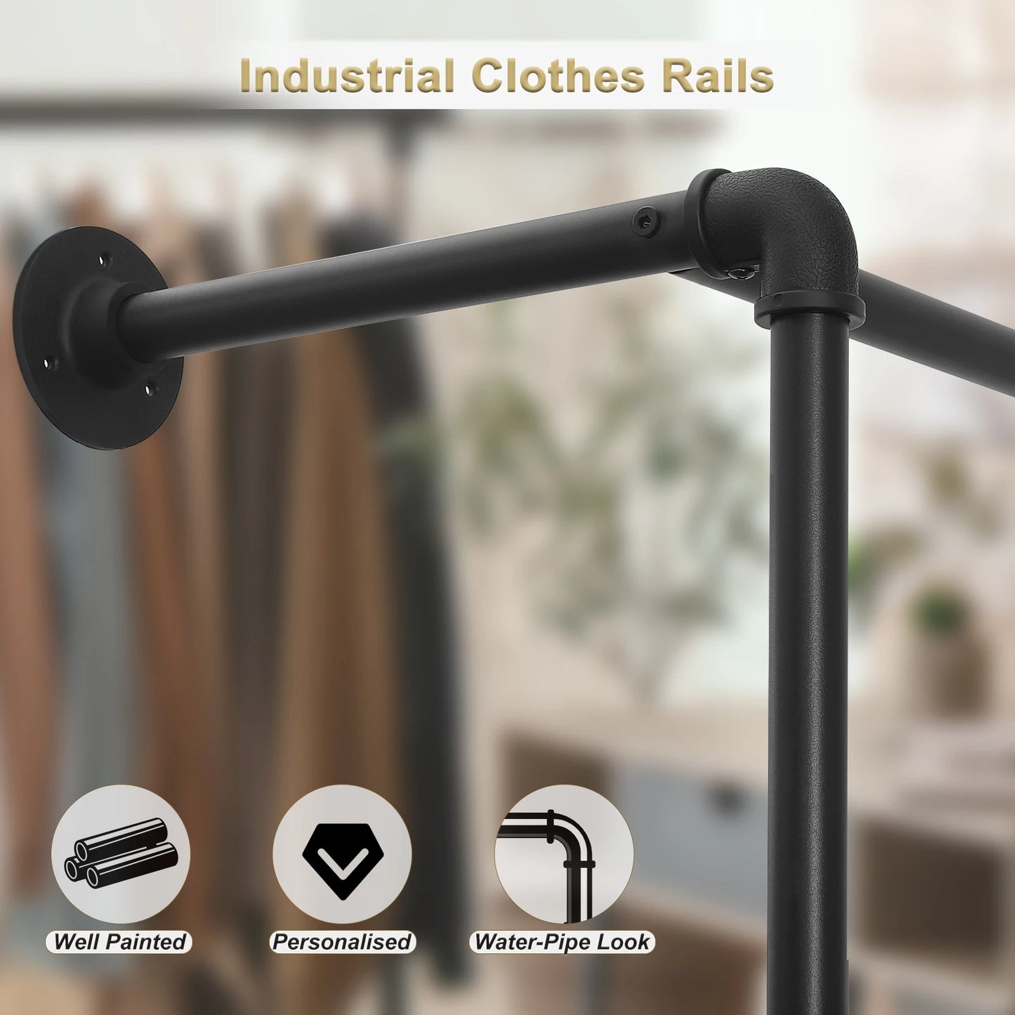 WOLTU Wall-Mounted Clothes Rack Hanger Steel Tube Coat Rack 2 Shelves Industrial Vintage Wardrobe for Bedroom Cloakroom Home