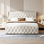 160x200cm Upholstered Double Bed, Hydraulic Bed with Backrest Headboard and Slatted Frame, with Storage Space, Velvet, Beige