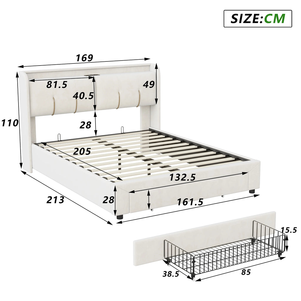 Wooden Aura 160*200cm Double Bed storage Bed with USB Charging and LED Lighting Linen model Grey No Mattress