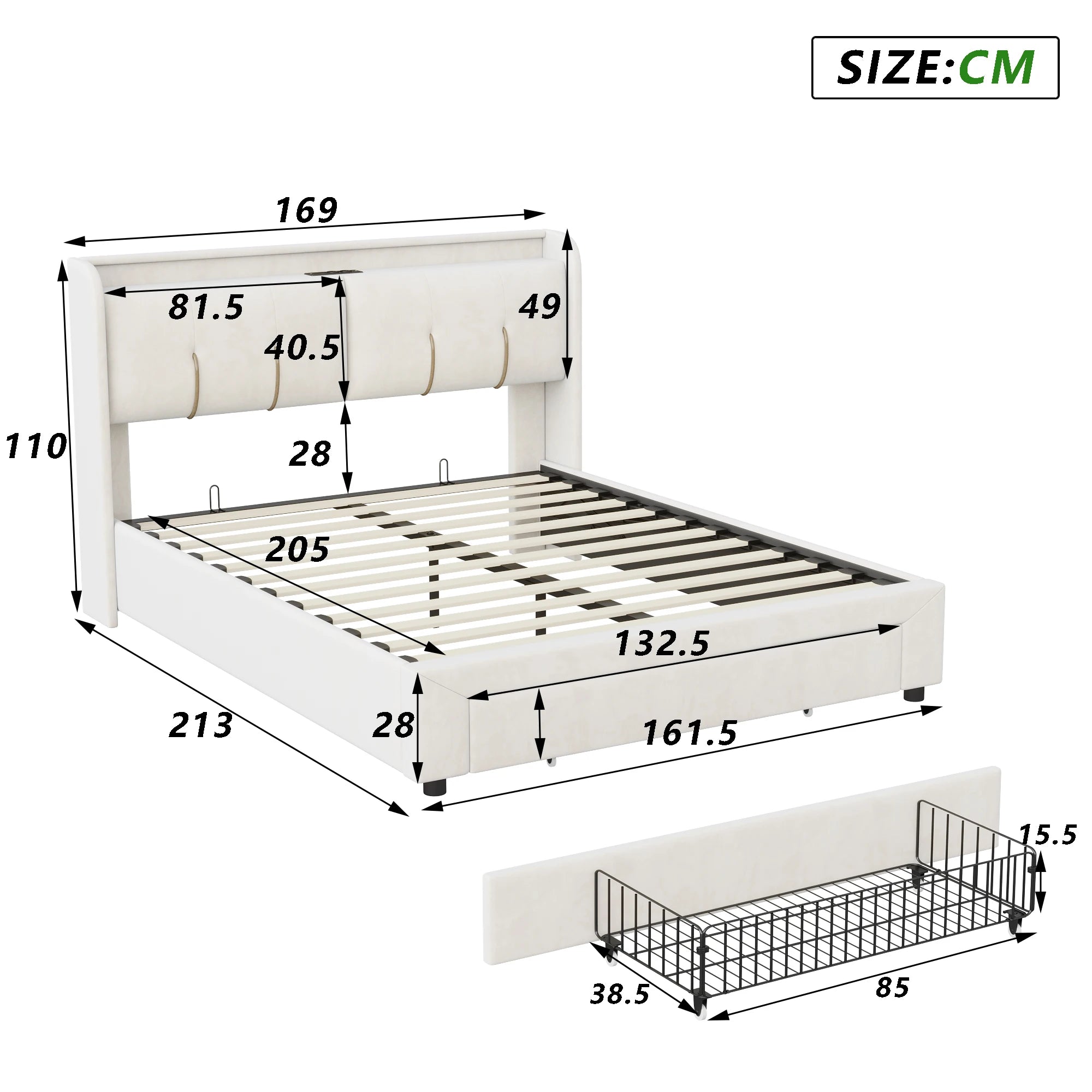 Wooden Aura 160*200cm Double Bed storage Bed with USB Charging and LED Lighting Linen model Grey No Mattress