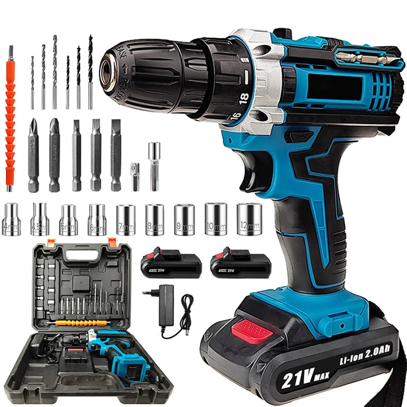 21V Cordless Impact Drill Electric Screwdriver Electric Hammer Drill Mini Wireless Hand Drill Lithium-Ion Battery Power Tools