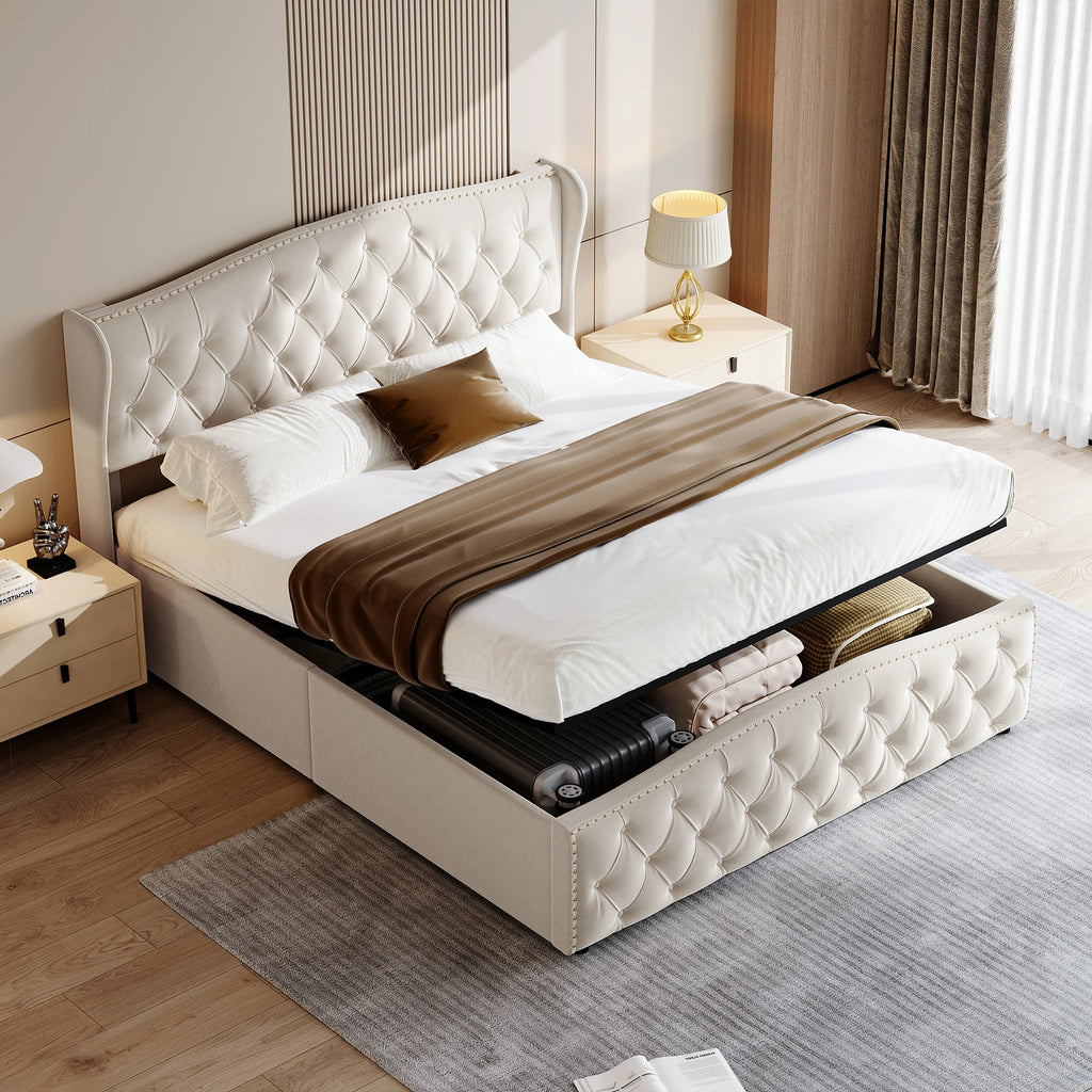 160x200cm Upholstered Double Bed, Hydraulic Bed with Backrest Headboard and Slatted Frame, with Storage Space, Velvet, Beige