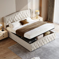 160x200cm Upholstered Double Bed, Hydraulic Bed with Backrest Headboard and Slatted Frame, with Storage Space, Velvet, Beige
