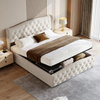 160x200cm Upholstered Double Bed, Hydraulic Bed with Backrest Headboard and Slatted Frame, with Storage Space, Velvet, Beige
