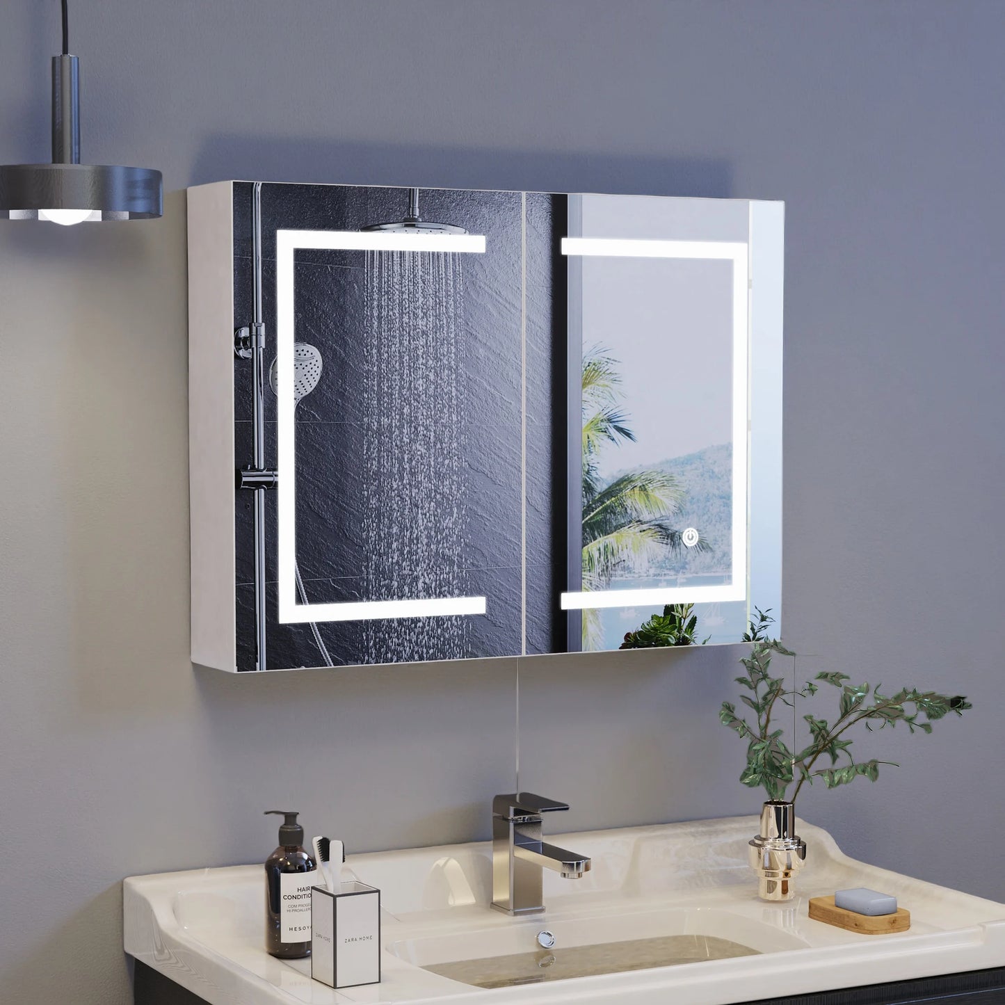 Rosahqnda Bathroom mirror Cabinet with lighting, with LED, HD double door mirror, wall Cabinet, touch sensor switch, White