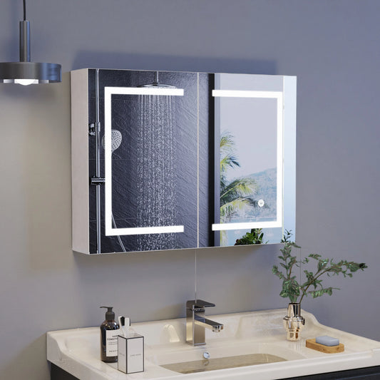 Rosahqnda Bathroom mirror Cabinet with lighting, with LED, HD double door mirror, wall Cabinet, touch sensor switch, White