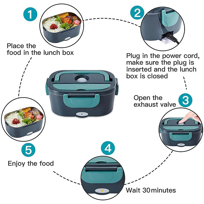 60W 2-in-1 Electric Lunch Box & Stainless Steel Food Container, 12V/24V/110V/220V Multi-Voltage Portable Heater for Car/Home