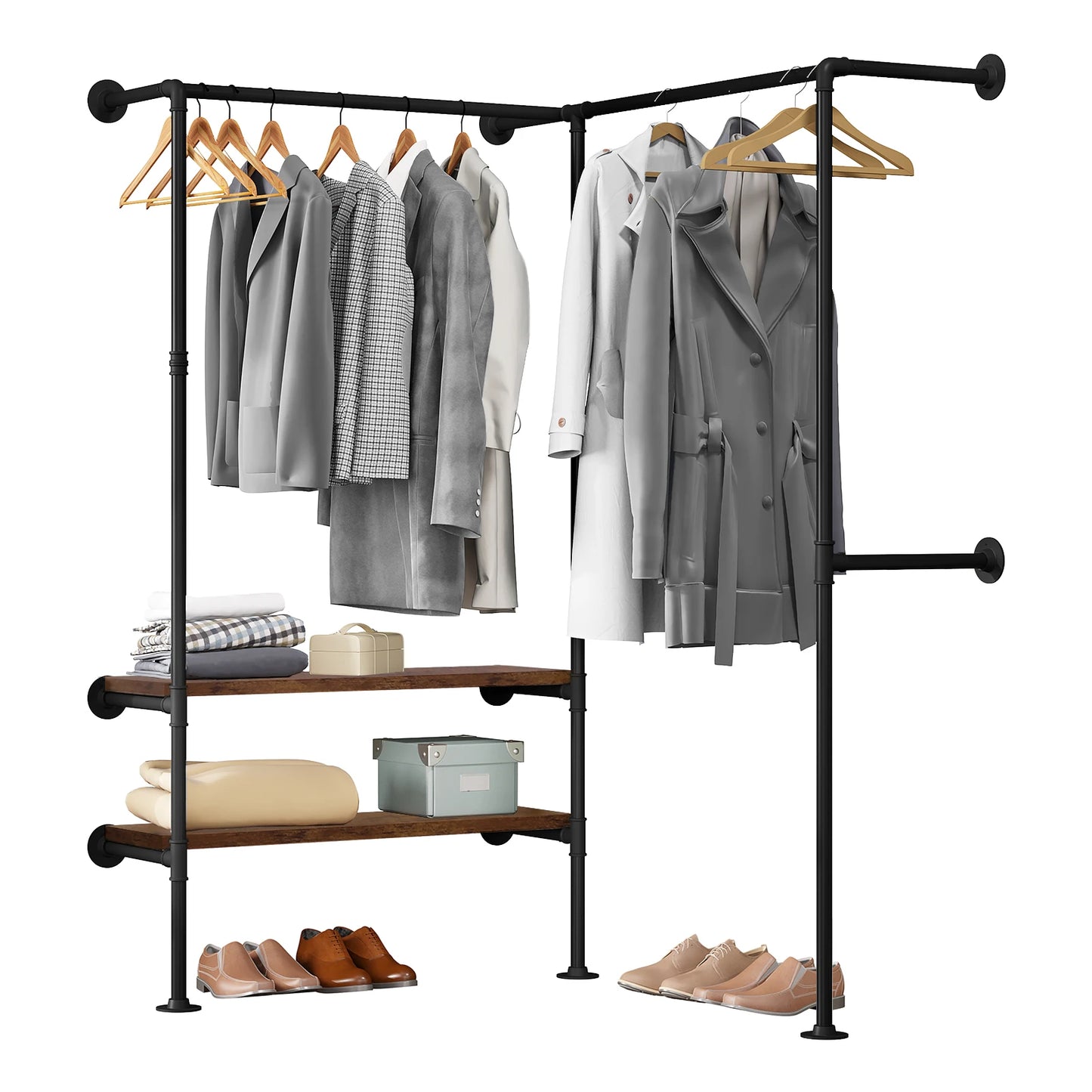 WOLTU Wall-Mounted Clothes Rack Hanger Steel Tube Coat Rack 2 Shelves Industrial Vintage Wardrobe for Bedroom Cloakroom Home