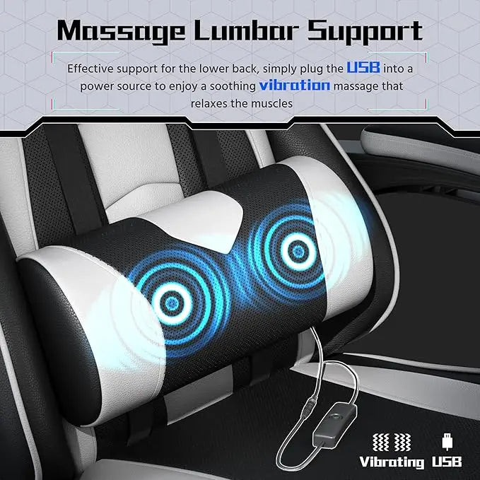 Ergonomic Gaming Chair w/ Massage Lumbar & Footrest - Height-Adjustable, Black/White | AlluCanFind