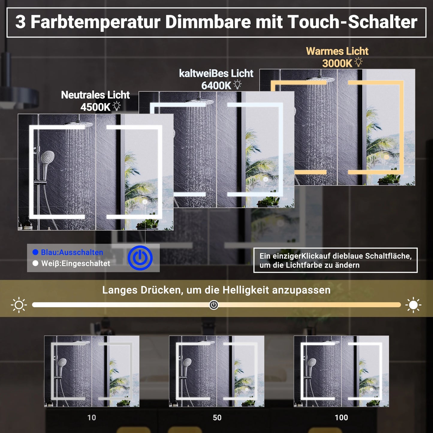 Rosahqnda Bathroom mirror Cabinet with lighting, with LED, HD double door mirror, wall Cabinet, touch sensor switch, White