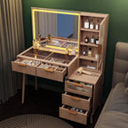 Fluted Makeup Vanity Desk with Mirror and Lights, 5 Drawers Glass Top Makeup Vanity with 4 Storage and 9-Grid Organizer, 3 Color