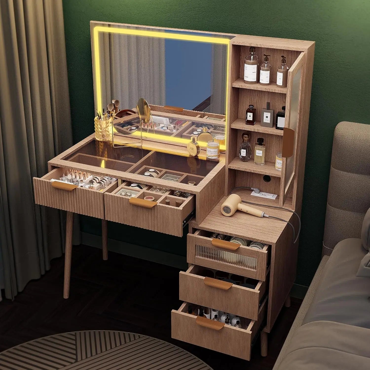 Fluted Makeup Vanity Desk with Mirror and Lights, 5 Drawers Glass Top Makeup Vanity with 4 Storage and 9-Grid Organizer, 3 Color