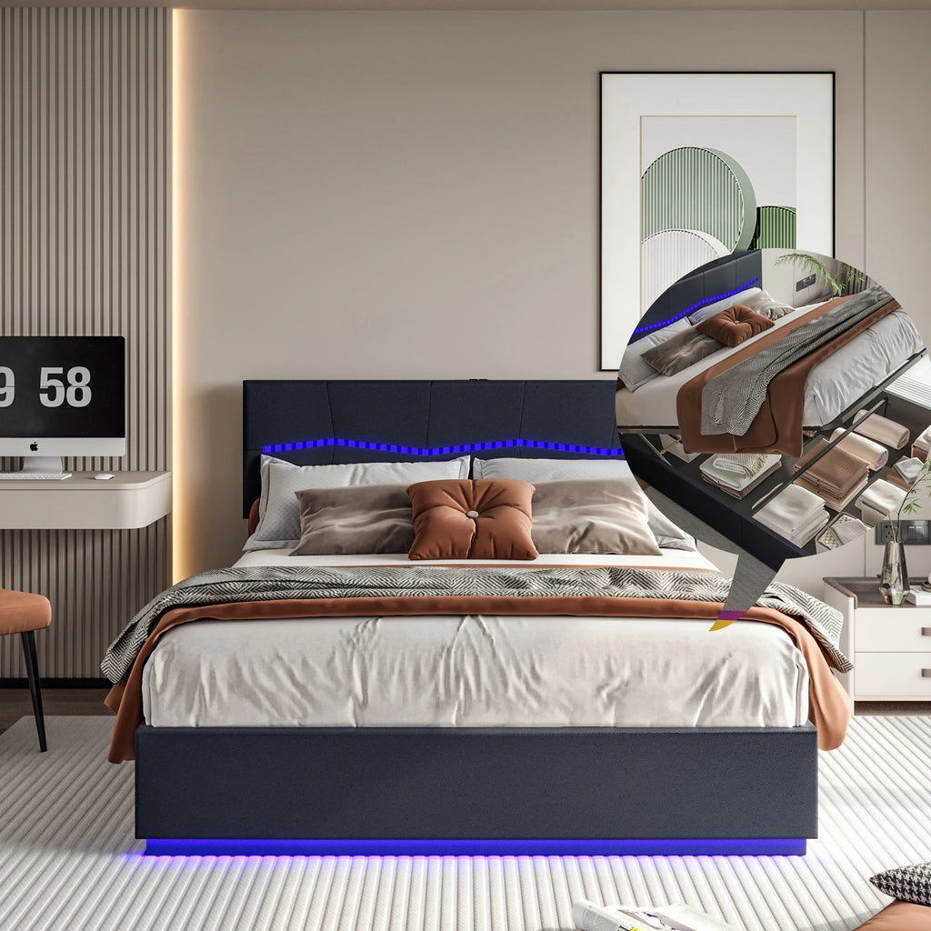 Wooden Aura 140/160/180x200cm Upholstered bed Double Bed Hydraulic Functional bed PU Height Adjustable Headboard
