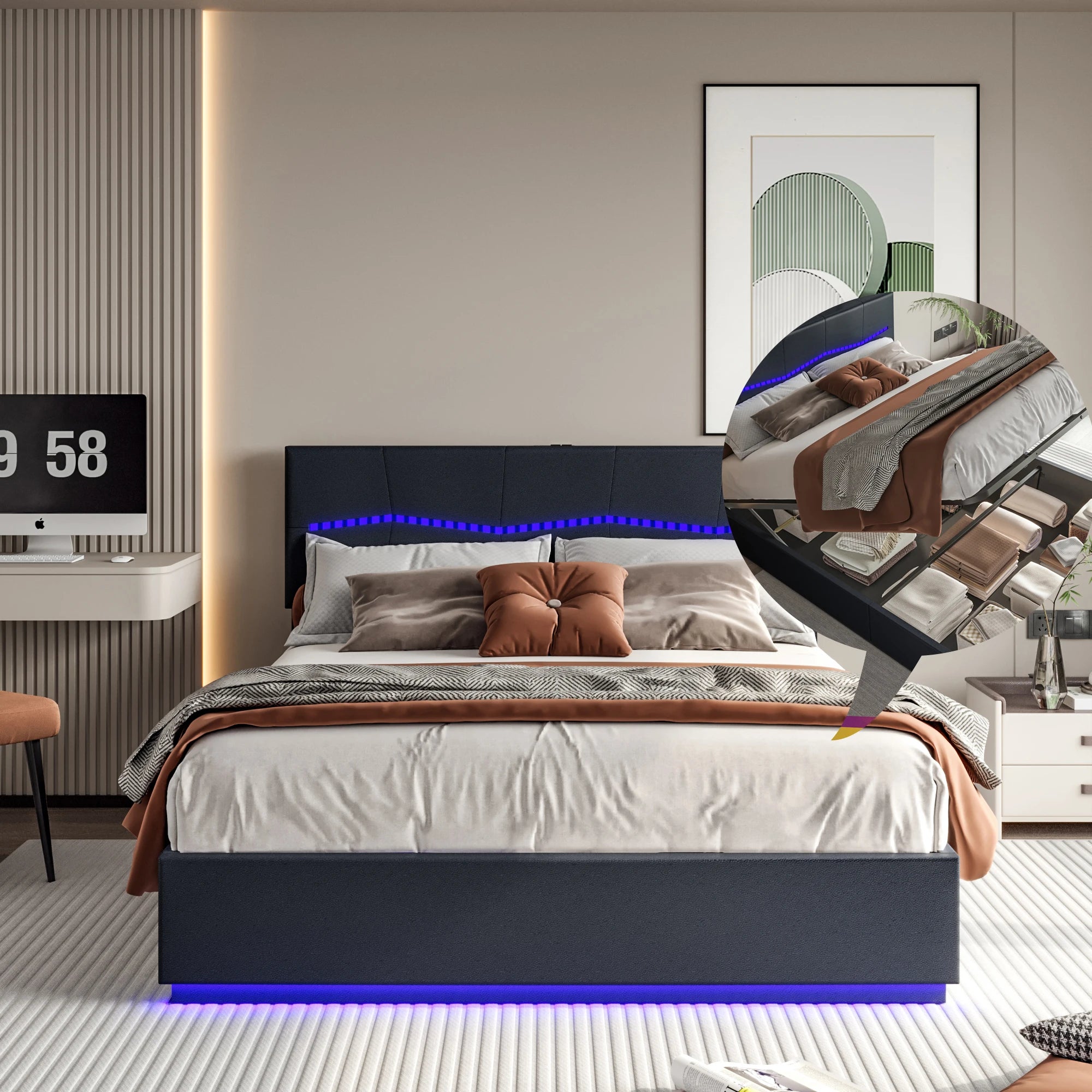 Wooden Aura 140/160/180x200cm Upholstered bed Double Bed Hydraulic Functional bed PU Height Adjustable Headboard