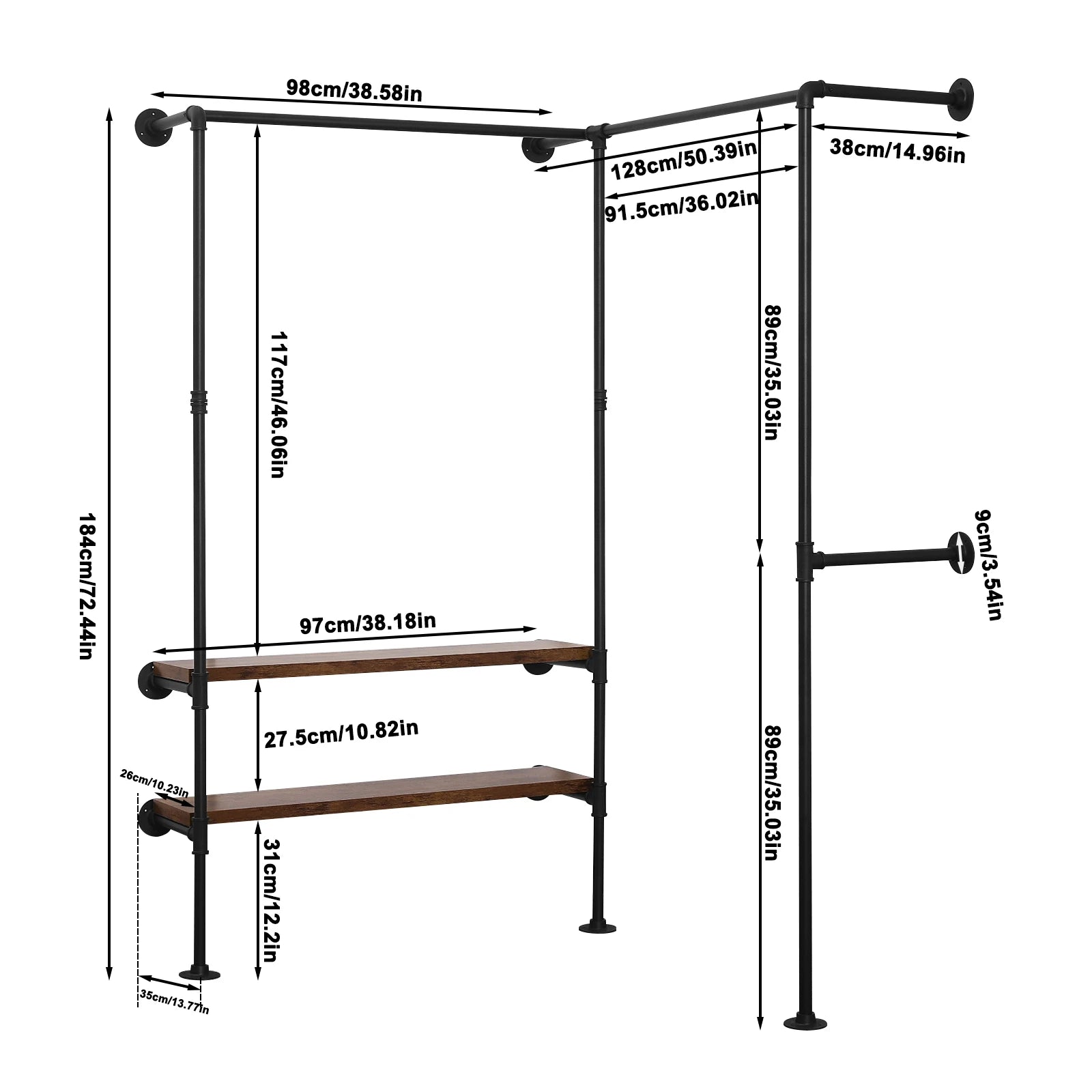 WOLTU Wall-Mounted Clothes Rack Hanger Steel Tube Coat Rack 2 Shelves Industrial Vintage Wardrobe for Bedroom Cloakroom Home