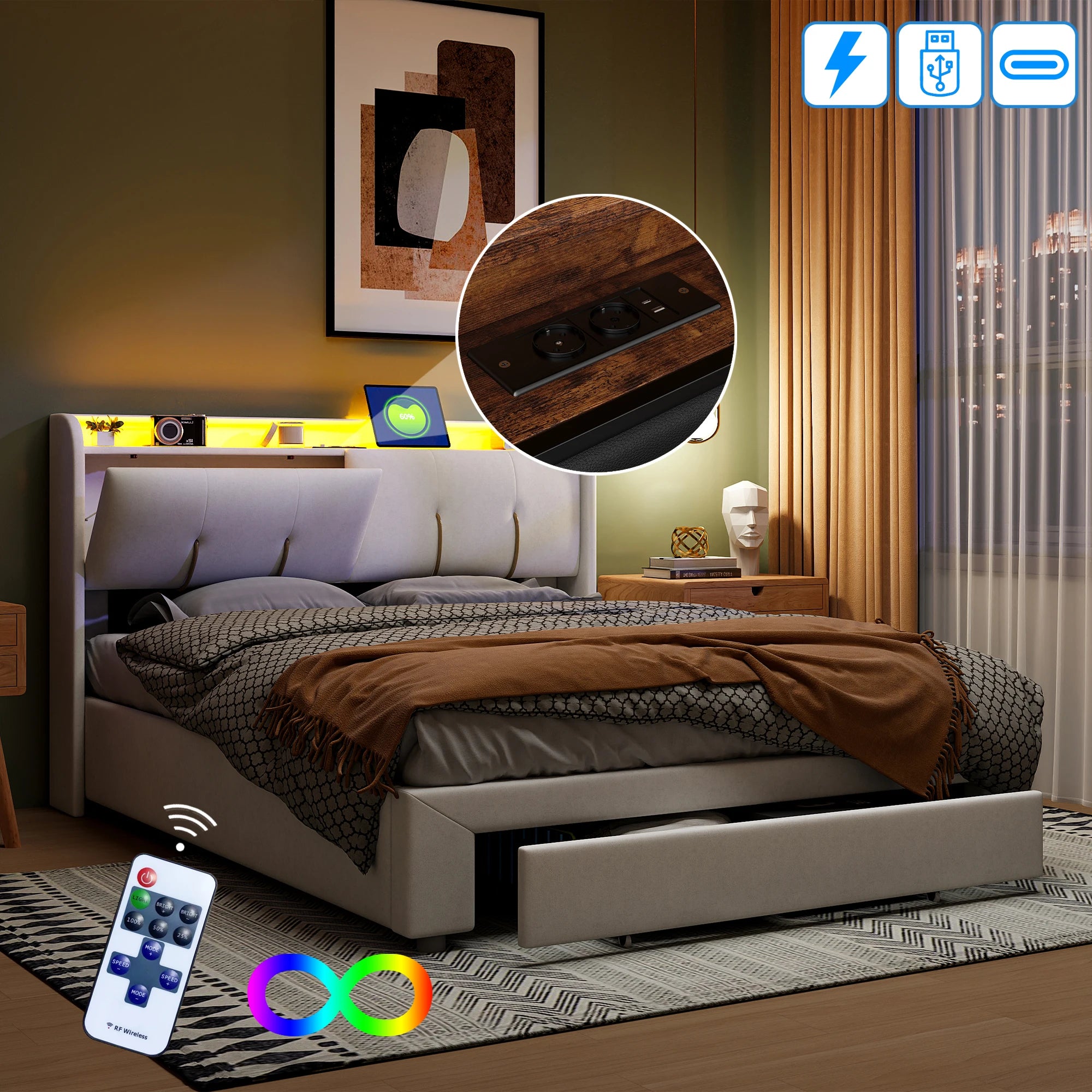 Wooden Aura 160*200cm Double Bed storage Bed with USB Charging and LED Lighting Linen model Grey No Mattress