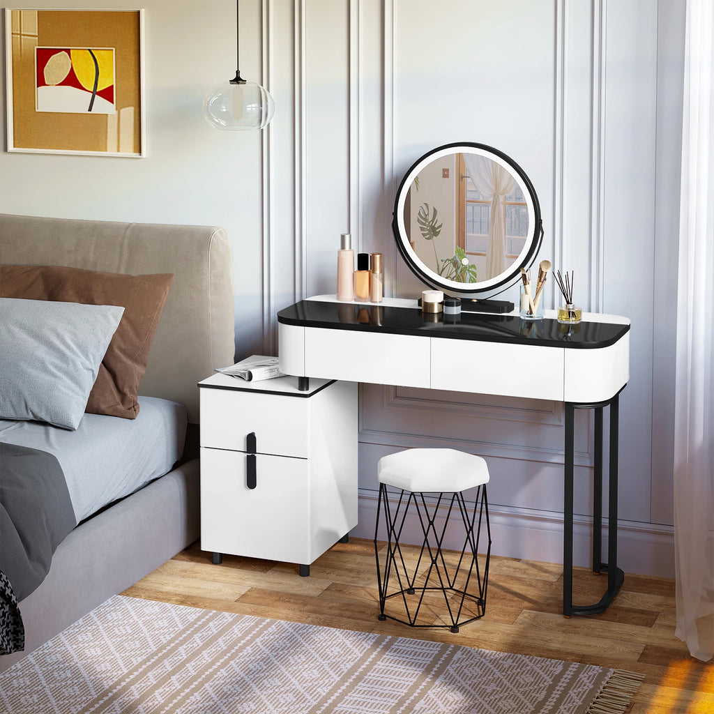 WOLTU 1Set Modern Dressing Table with LED Lighting 3 Colors Girls Women Vanity Cosmetic Table Drawers 1 Side Cabinet