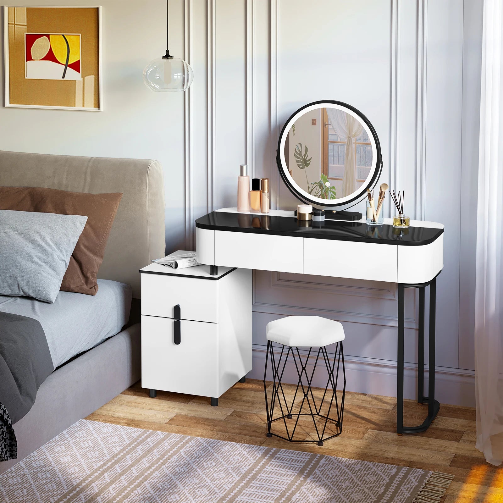 WOLTU 1Set Modern Dressing Table with LED Lighting 3 Colors Girls Women Vanity Cosmetic Table Drawers 1 Side Cabinet