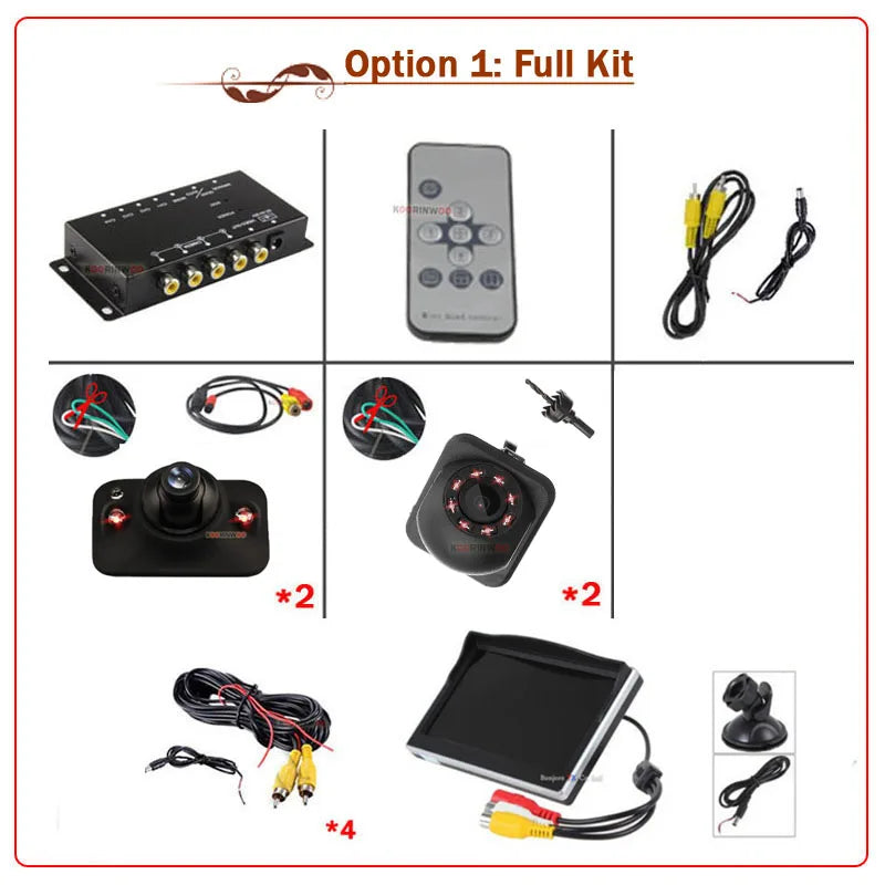 OOWLIVEE LCD Monitor With 360 Around view Split Parking For Cars Camera 4 Channels Box IR Left Right Front view Camera Rear view