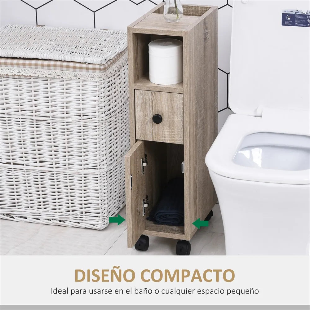 Kleankin bathroom cabinet bathroom furniture with universal wheels 2 brakes shelves drawer cabinet 18x30x68,5 cm Oak Wood