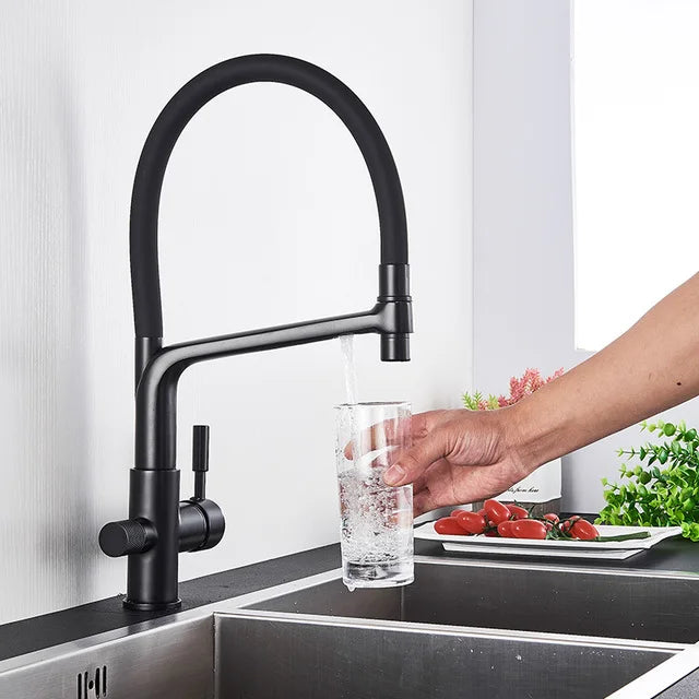 Filter Kitchen Faucet Black Dual Spout Drinking Water Faucet Mixer 360 Degree Rotation Hot Cold Water Purification Feature Tap