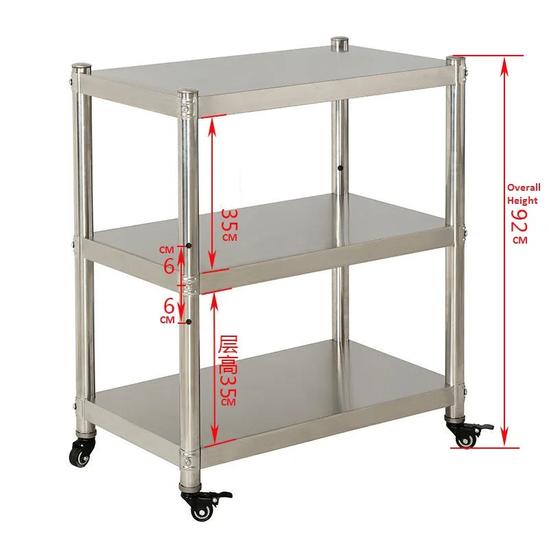 Stainless Steel Kitchen Storage Rack with Brake Wheels, Microwave Oven Rack, Multi-Layer Floor Stand