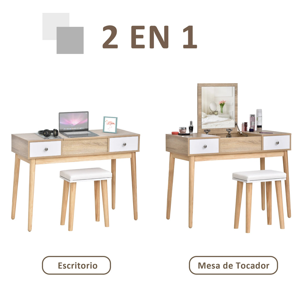 Homcom Dressing Table with Folding Mirror Drawers and Stool 100X45X118 Natural Color