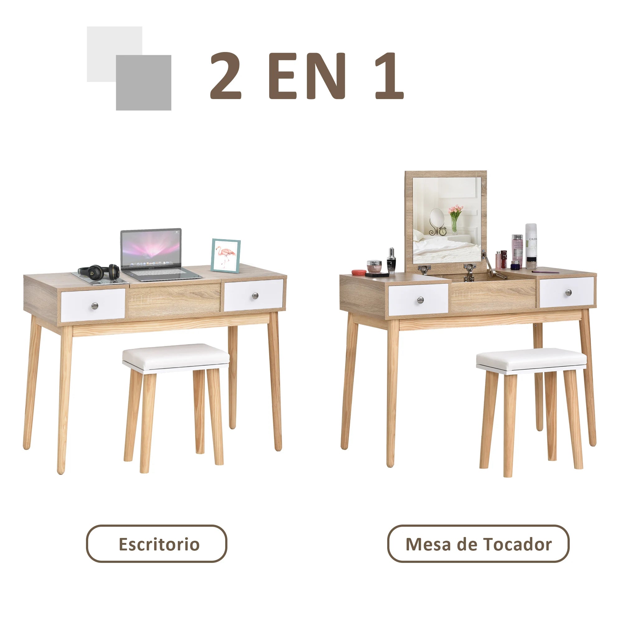 Homcom Dressing Table with Folding Mirror Drawers and Stool 100X45X118 Natural Color