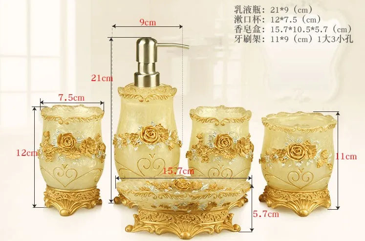 European 5pcs Bathroom Set/Resin Bathroom Accessories Kit/Toothpick Holder/Soap Dispenser/Tooth Brush Holder/Cup Soap Dish Tray
