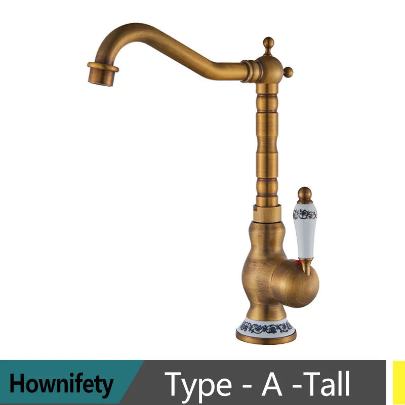 Antique Brass Kitchen Faucet Hot & Cold Mixer Tap Single Hole Bathroom Faucet  Rotatable crane Blue and white porcelain handle