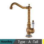 Antique Brass Kitchen Faucet Hot & Cold Mixer Tap Single Hole Bathroom Faucet  Rotatable crane Blue and white porcelain handle