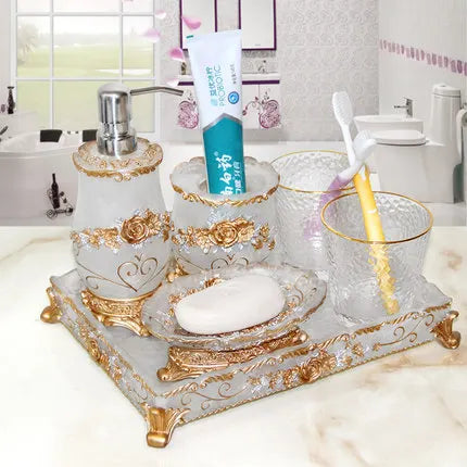 European 5pcs Bathroom Set/Resin Bathroom Accessories Kit/Toothpick Holder/Soap Dispenser/Tooth Brush Holder/Cup Soap Dish Tray