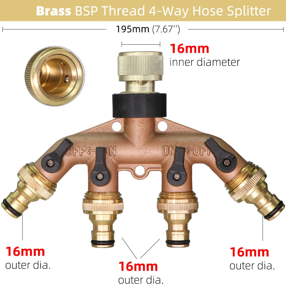 1PC BSP NPT 3/4" 4-Way Brass Plastic Garden Hose Splitter Y-Type Watering Connector Distributor For Outdoor Tap Faucet Adapter