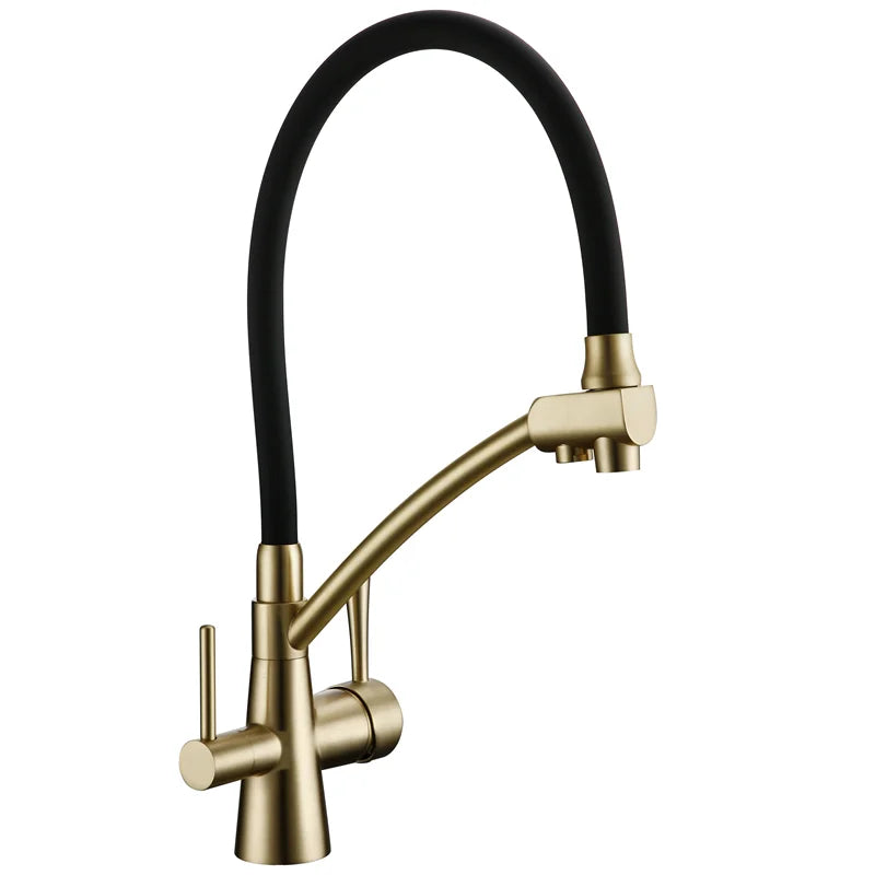Pull Out Kitchen Faucet Double Handle Single Hole Mixer Tap Hot And Cold With Filter Water Brushed Gold Alba Black