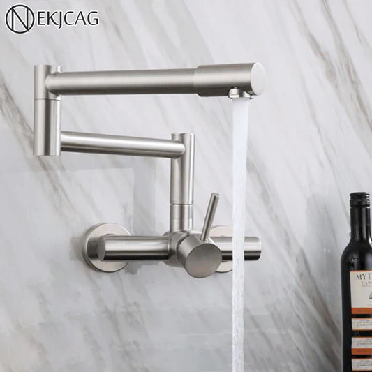 Brushed Kitchen Sink Faucet 304 Stainless Steel In-wall Double Hole 360° Rotation Universal Folding Hot Cold Mixer Kitchen Crane