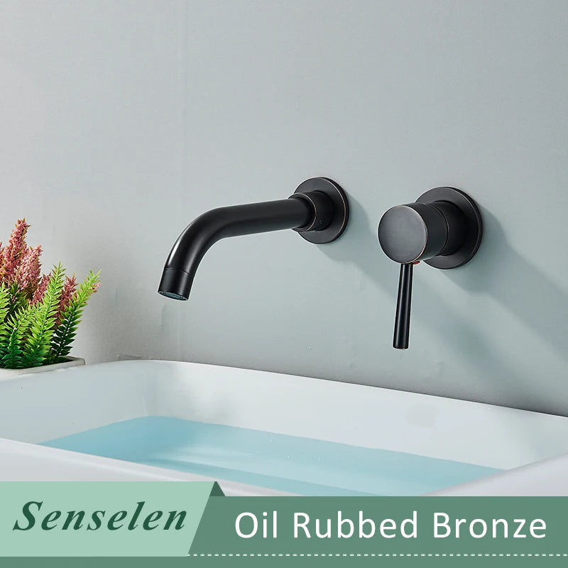 Bathroom Basin Faucet Brushed Golden Concealed Wall Mounted Faucet Tap 360 Rotation Single Handle Hot Cold Water Bath Mixer Tap