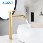 Brushed Golden Bathroom Basin Hot Cold Faucets Brass Deck Mounted Tall Style Long Mouthed Taps Vanity Sink Mixer Tap For Bathroo